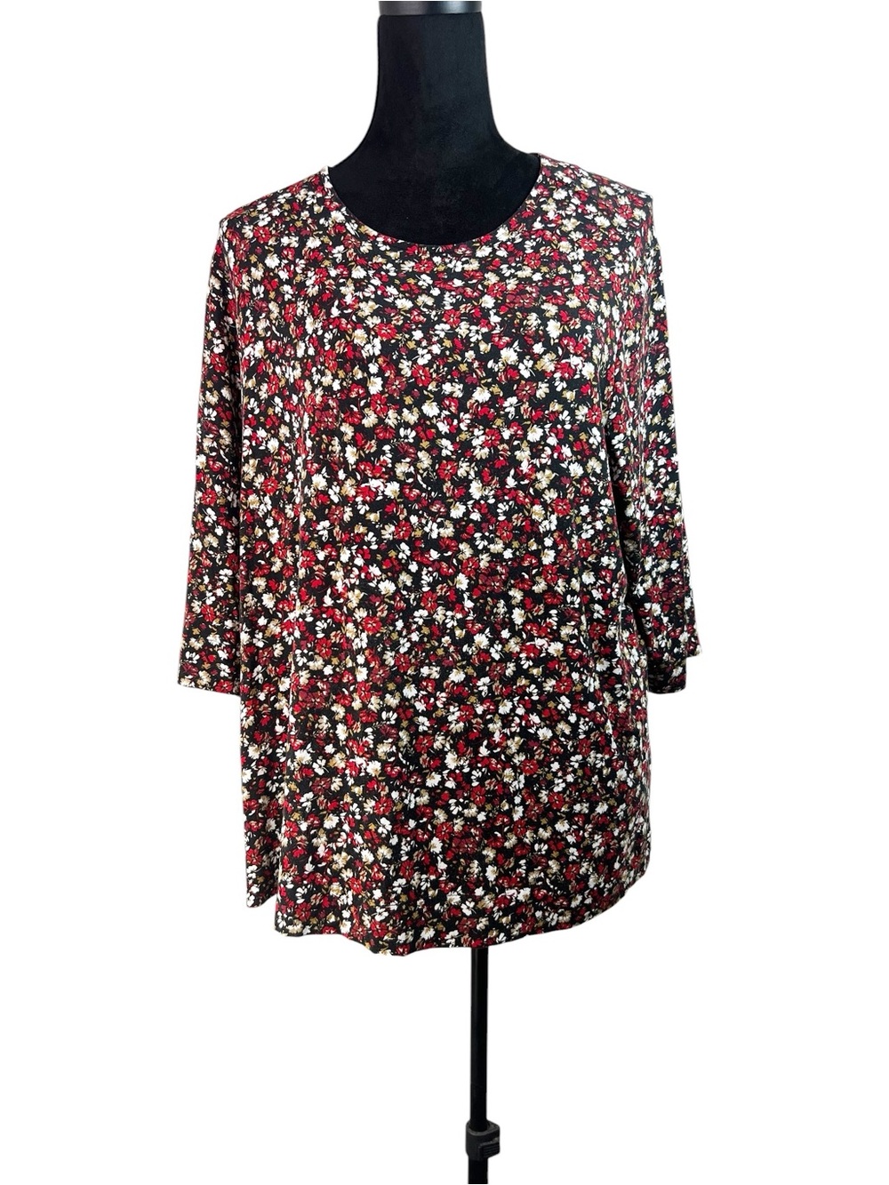 J. Jill Wearever Collection Ditsy Floral 3/4 Sleeve Blouse Women's Black Red XL